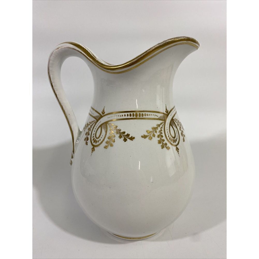‎Antique Haviland French White Gilded Painted Pitcher 7.5”